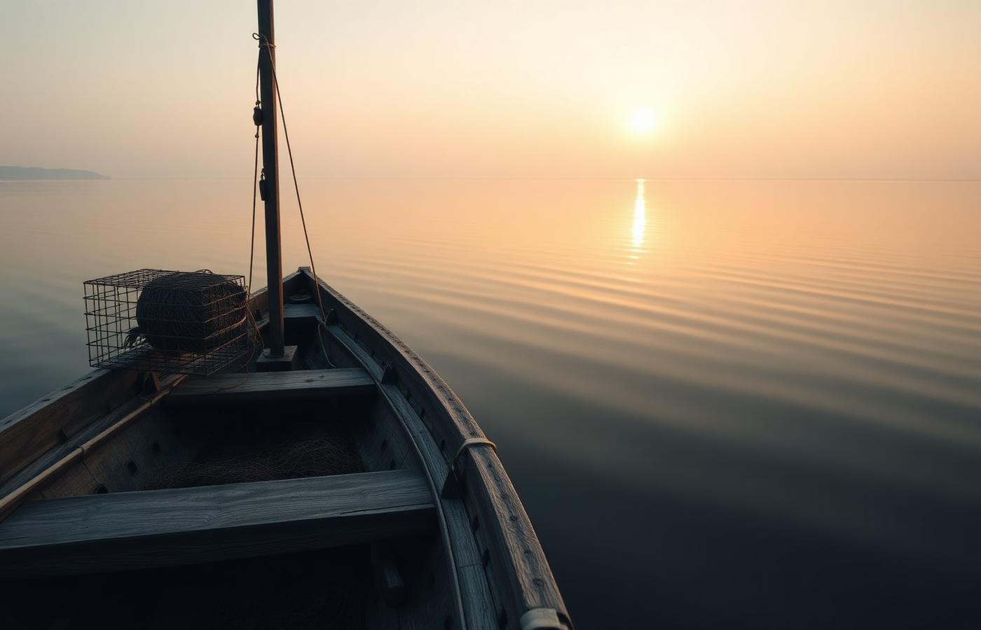Fiskebåt med kräftburar på Vättern i soluppgång